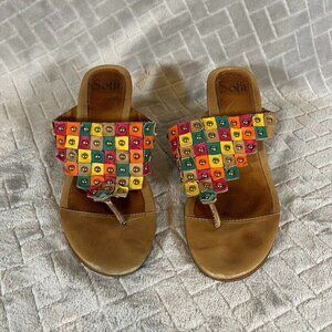 Sofft Womens 7 Slip On Thong Heel Summer Sandal Shoes Flip Flop Leather Colorful